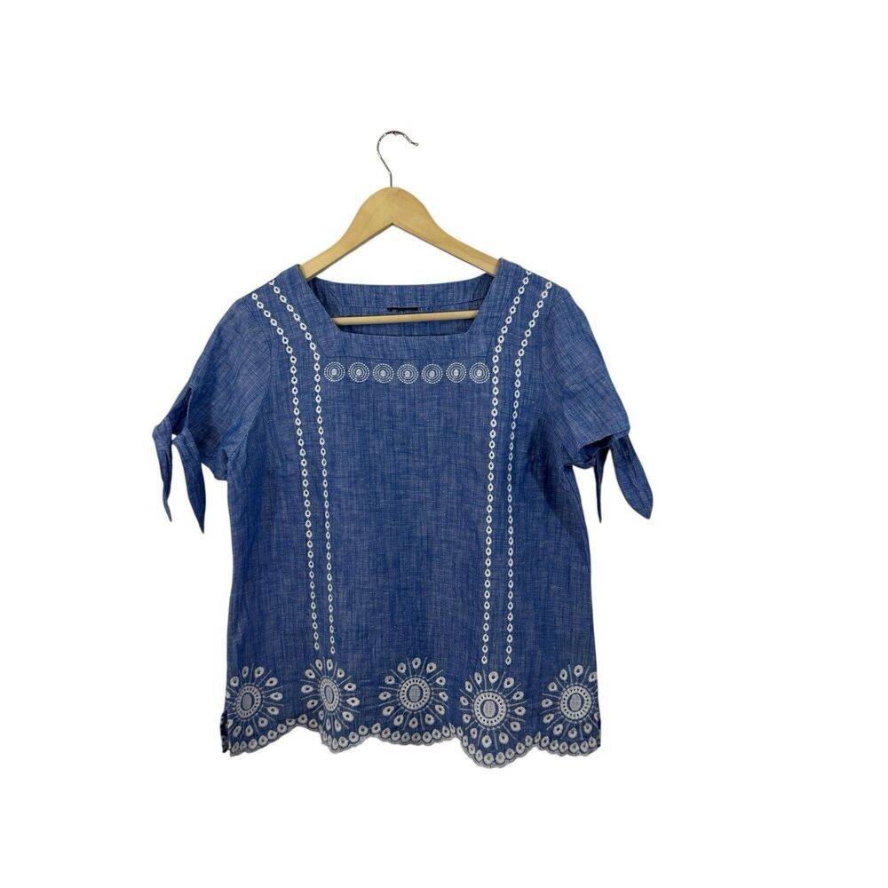 Talbots Large Linen Cotton Square Neck Top Chambray Embroidered Womens